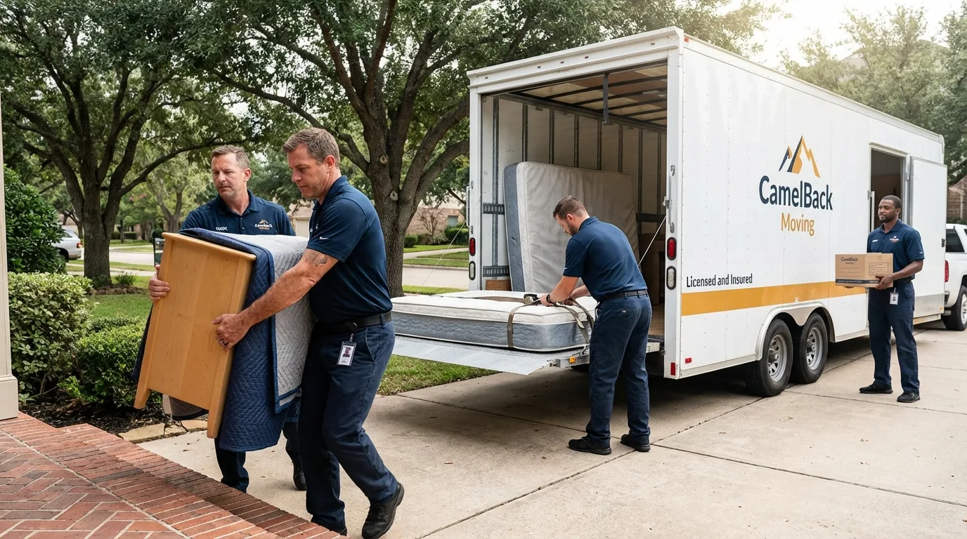 Crew loading residential truck for cross-state move from Jacksboro, TX