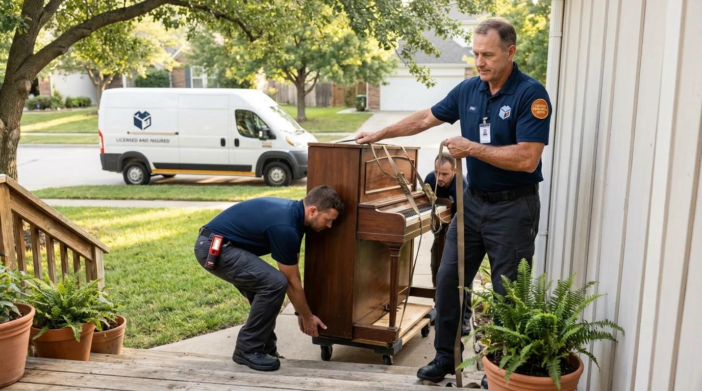 Licensed piano movers securing grand piano in Jacksboro, TX
